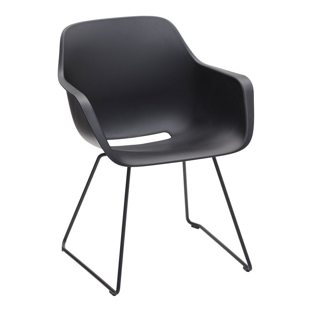 Black modern chair with smooth, curved design and minimalistic metal legs. Ideal for contemporary decor.