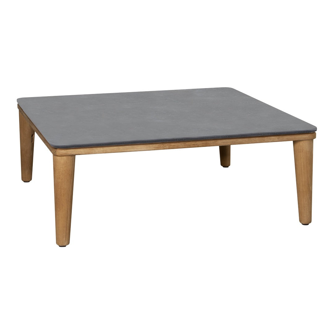 Square coffee table with a sleek gray top and warm wooden legs. Modern design complements any decor.