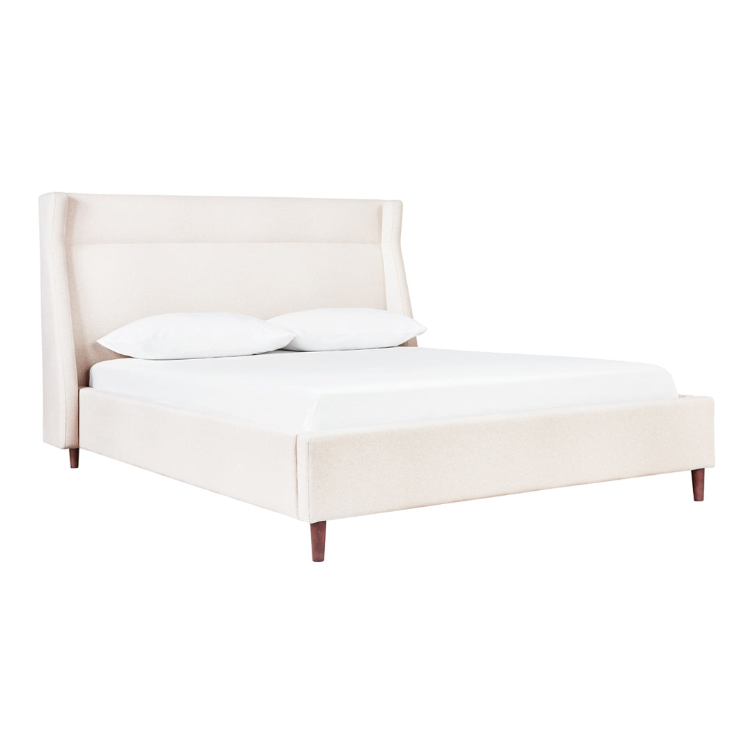 "Light beige upholstered bed frame with a sleek, minimalist design and tapered legs."