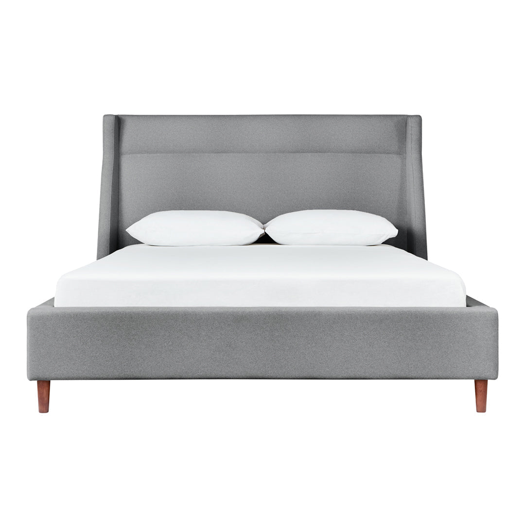Gray upholstered bed frame with a sleek modern design and contrasting wood legs, featuring a minimalistic pattern.