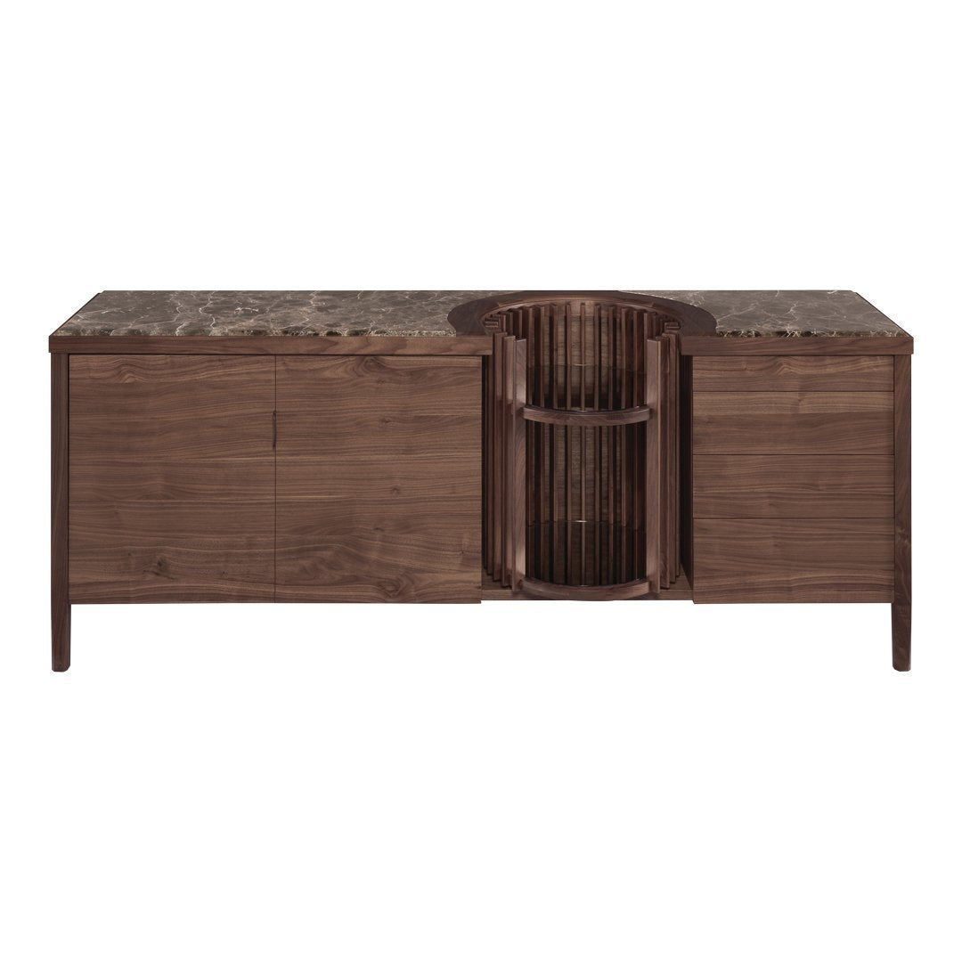 Stylish wood TV stand with a dark walnut finish and a gray stone top, featuring sleek lines and a unique slatted design.