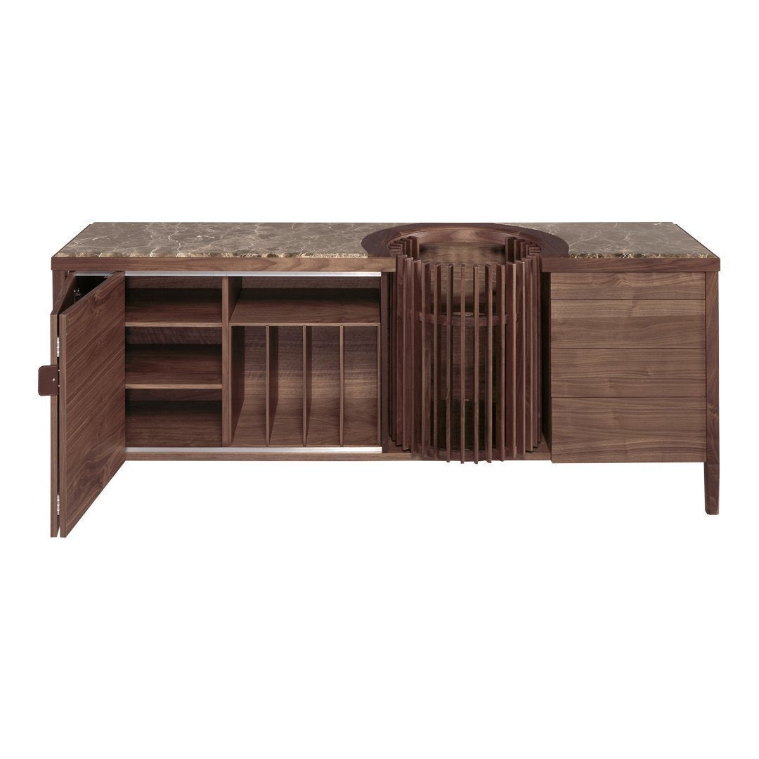 Modern wooden sideboard with a brown finish, featuring a marble top and unique slatted pattern accents.