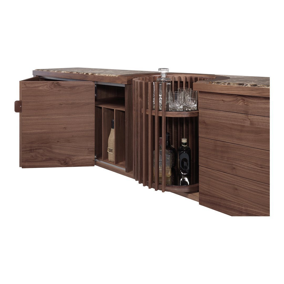 Wooden bar cabinet with rich walnut finish and sleek, modern slatted design. Elegant and stylish, perfect for any decor.