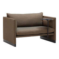 "Brown fabric loveseat with sleek black accents and minimalist design, perfect for modern living spaces."