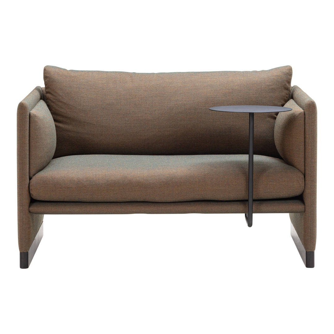 Brown fabric loveseat with clean lines and modern design, featuring a sleek black side table.