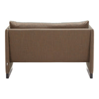 Brown textured sofa with a sleek, minimalist design, featuring a solid back and tapered wooden legs.