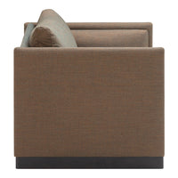 Brown textured fabric sofa with light gray accent pillows and a dark wood base. Modern and stylish design.