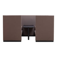 Brown upholstered seating with sleek black table, featuring smooth, contemporary lines and minimalist design.