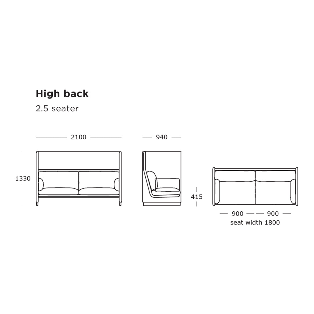 High-back 2.5 seater sofa, featuring a sleek, minimalist design with a solid color scheme and subtle texture.