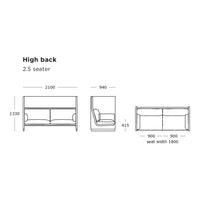High-back 2.5 seater sofa, featuring a sleek, minimalist design with a solid color scheme and subtle texture.