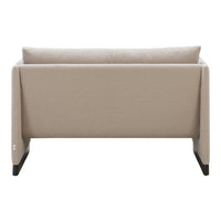 Beige upholstered loveseat with a simple, modern design and black legs, featuring a sleek, solid pattern.
