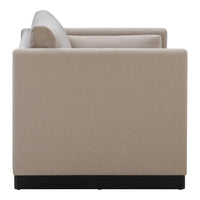 Beige upholstered armchair with smooth fabric and black base, featuring a minimalist, modern design.