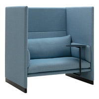 Blue upholstered seating with a minimalist design and sleek black legs, featuring a cozy, modern pattern.