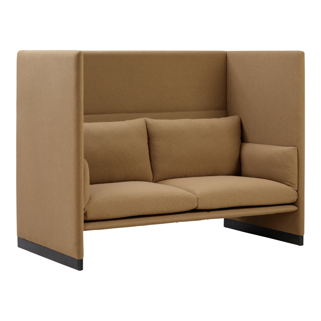 "Contemporary brown upholstered sofa with a sleek design and subtle texture, featuring a rounded back and armrest."