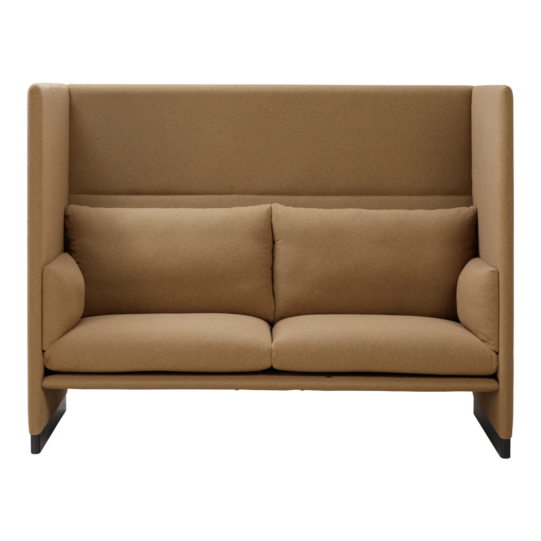 Tan upholstered sofa with clean lines and subtle texture, featuring two plush cushions for added comfort.