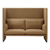 Tan upholstered sofa with clean lines and subtle texture, featuring two plush cushions for added comfort.