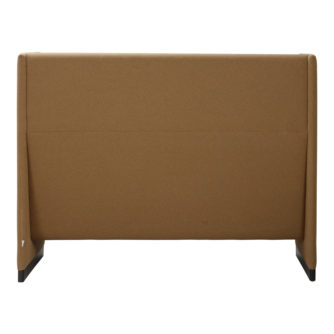 Brown upholstered headboard with a smooth texture and contemporary design, featuring clean lines and minimalistic style.