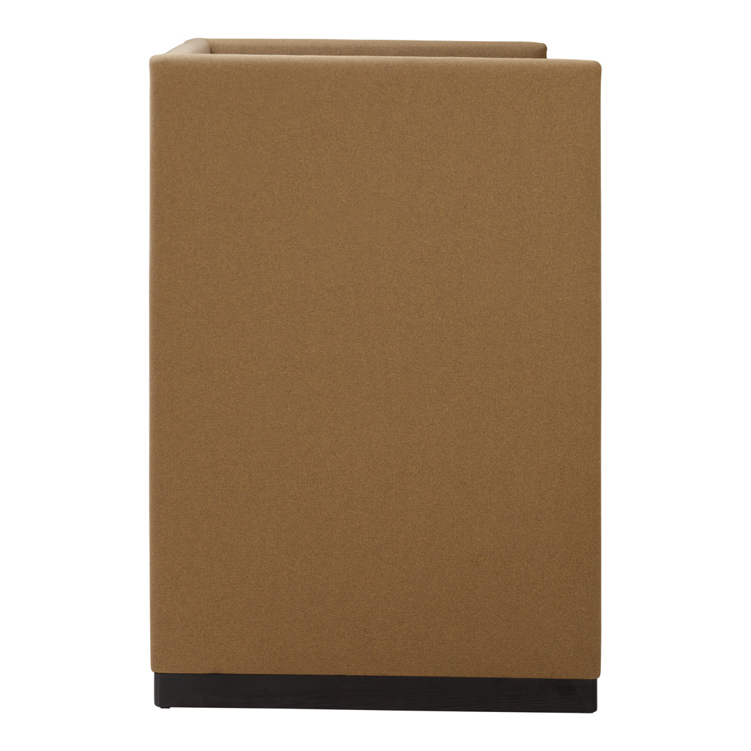 Brown fabric storage cube with a sleek, minimalist design and a black base. Perfect for home organization.