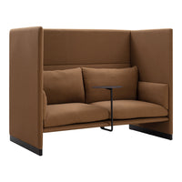 Brown upholstered sofa with high back and integrated side table, featuring a sleek, modern design.