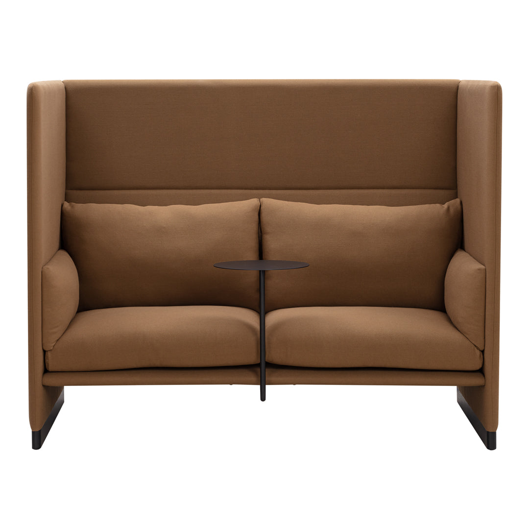 Brown upholstered two-seater sofa with side table, featuring a sleek, modern design and clean lines.