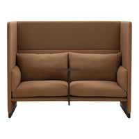 Brown upholstered two-seater sofa with side table, featuring a sleek, modern design and clean lines.