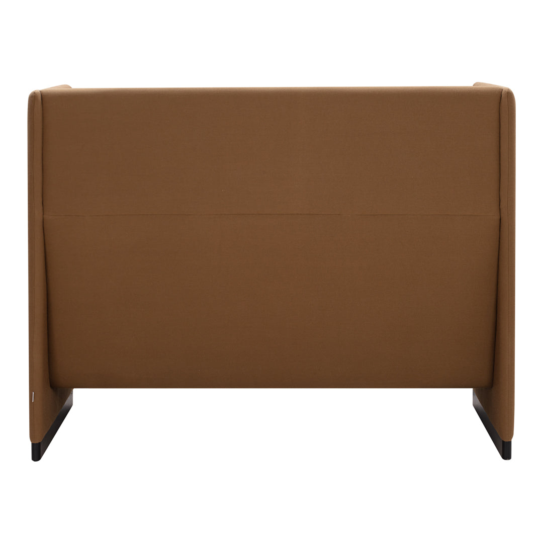 Brown, minimalist couch with clean lines and a sleek, modern design against a neutral backdrop.