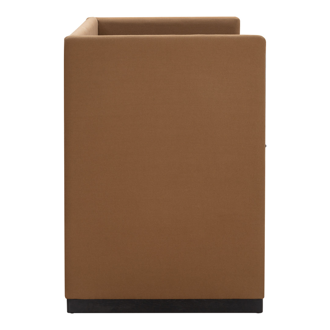 Brown upholstered sofa section with a smooth, solid pattern and a black base.