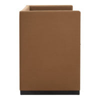 Brown upholstered sofa section with a smooth, solid pattern and a black base.