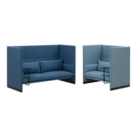 Blue upholstered sofa with a sleek design, featuring a textured pattern and contrasting black frame accents.