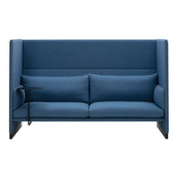 Modern two-tone blue sofa with a textured fabric, featuring a sleek minimalist design and contemporary straight lines.