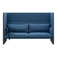 Blue upholstered two-seater sofa with modern design and sleek black accents for a contemporary touch.