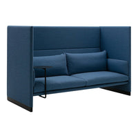 Blue fabric sofa with sleek lines, featuring a modern design and subtle textured pattern. Ideal for stylish spaces.