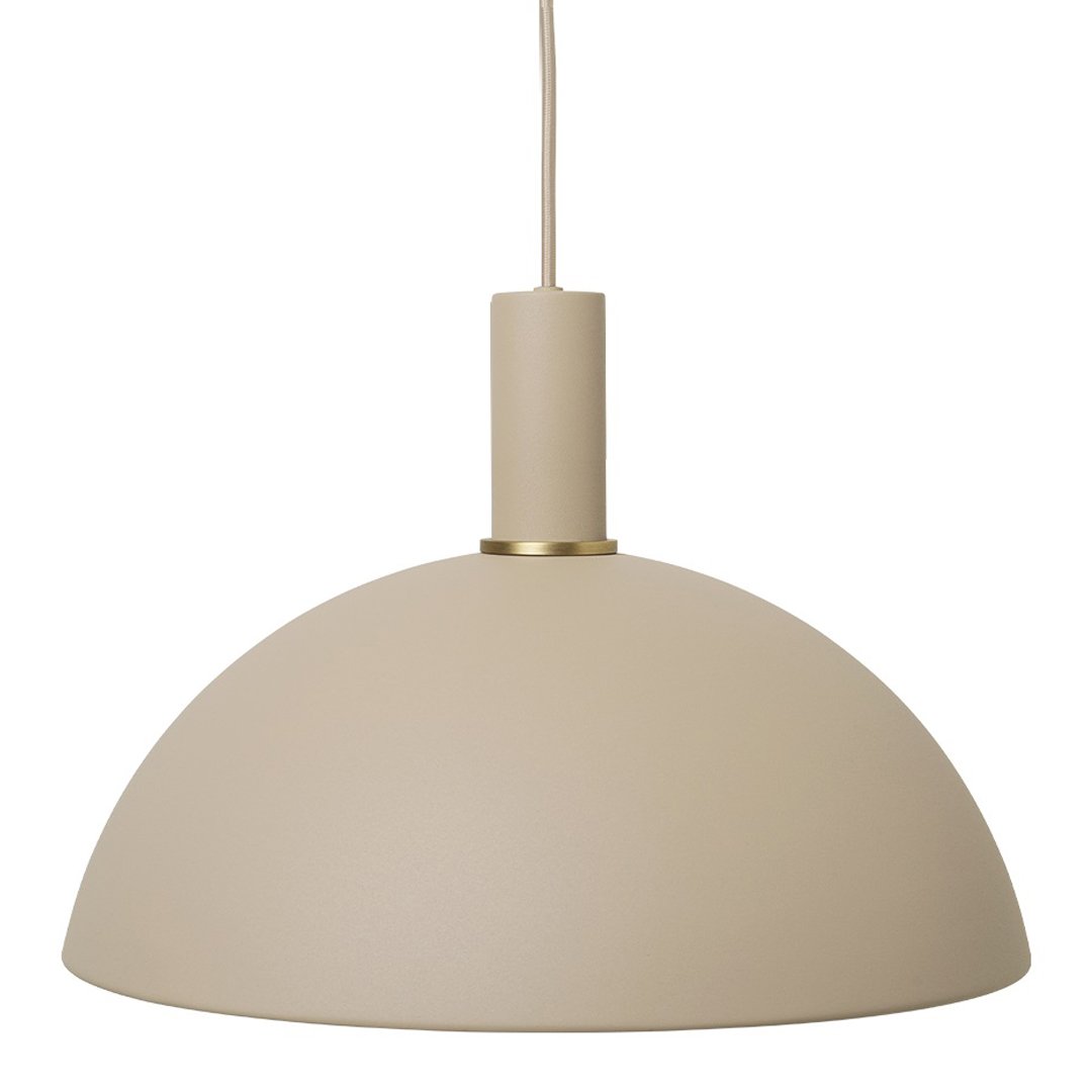 Beige dome pendant lamp with a smooth matte finish and gold accents, perfect for modern decor.