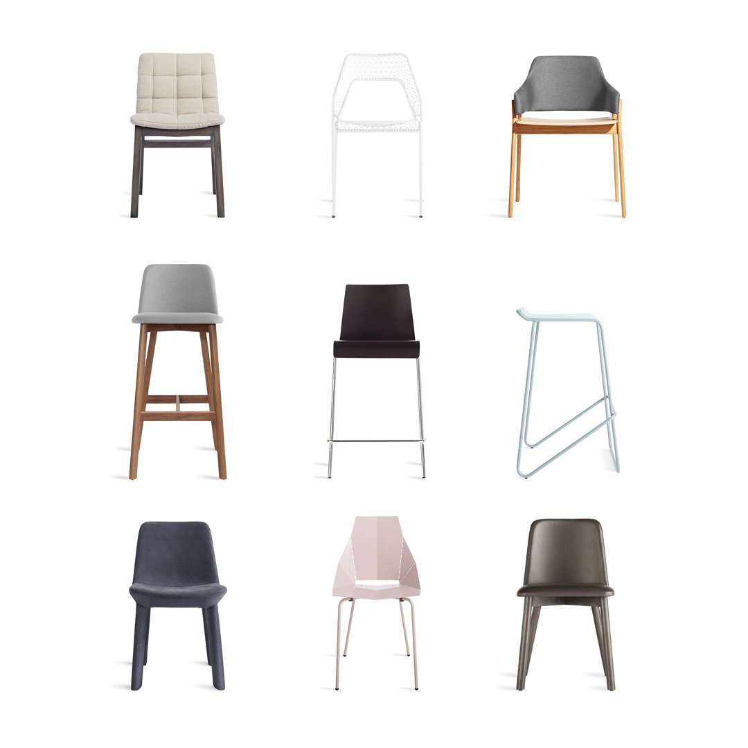 Assorted modern chair styles in neutral shades, including gray, black, white, and subtle wood tones.