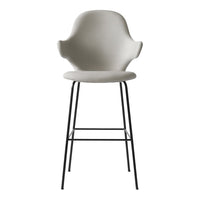 Gray upholstered bar stool with a minimalist design and black metal legs, perfect for modern decor.