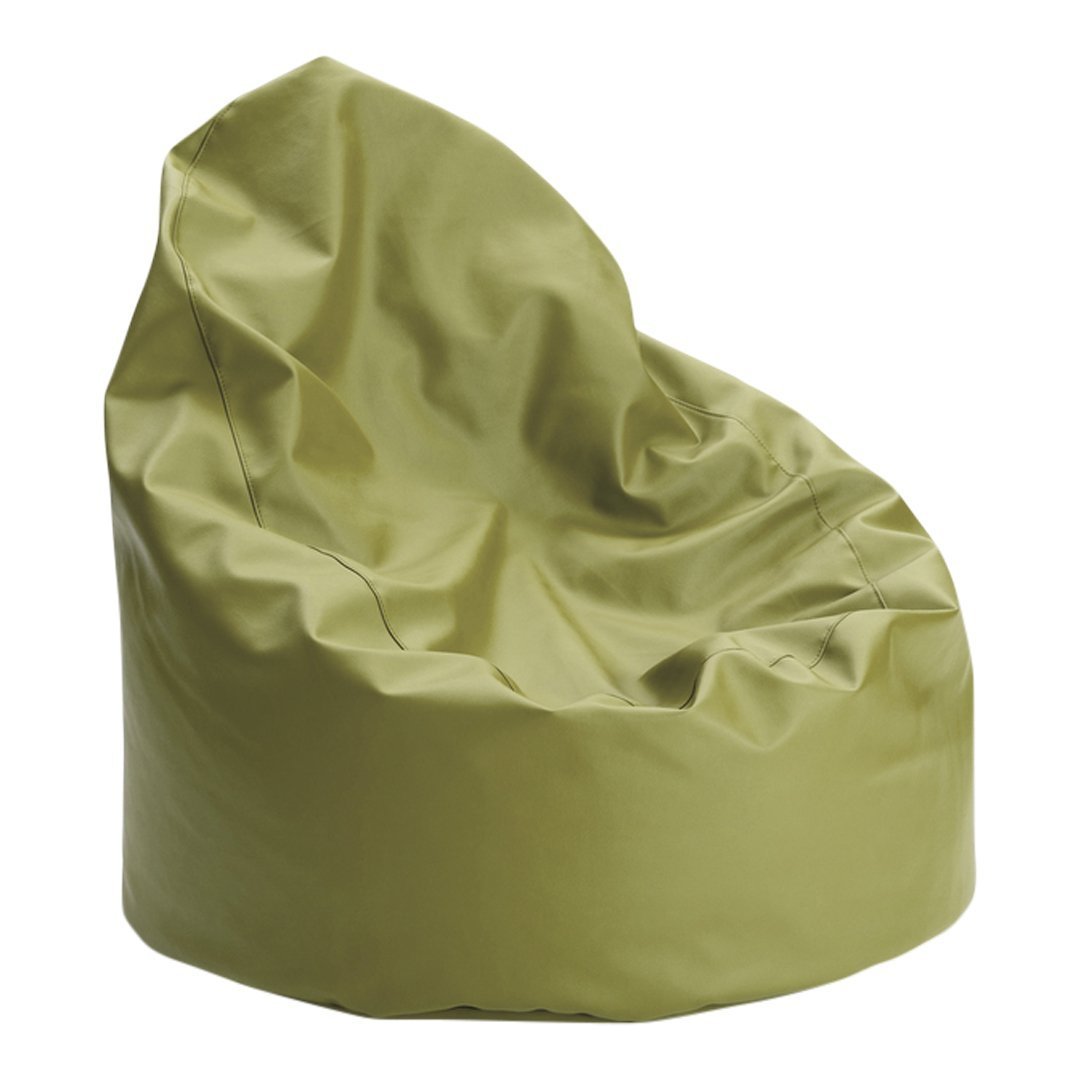 Green bean bag chair with a smooth, glossy finish and a soft, crumpled texture. Perfect for casual seating.