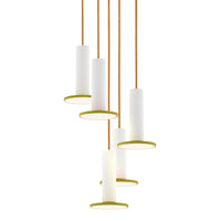 Modern pendant light in white with gold accents, featuring a sleek cylindrical design and warm copper hanging cables.