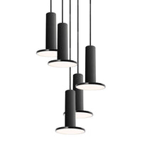 Minimalist black pendant lights with sleek cylindrical shapes and white light bases. Modern design for contemporary spaces.