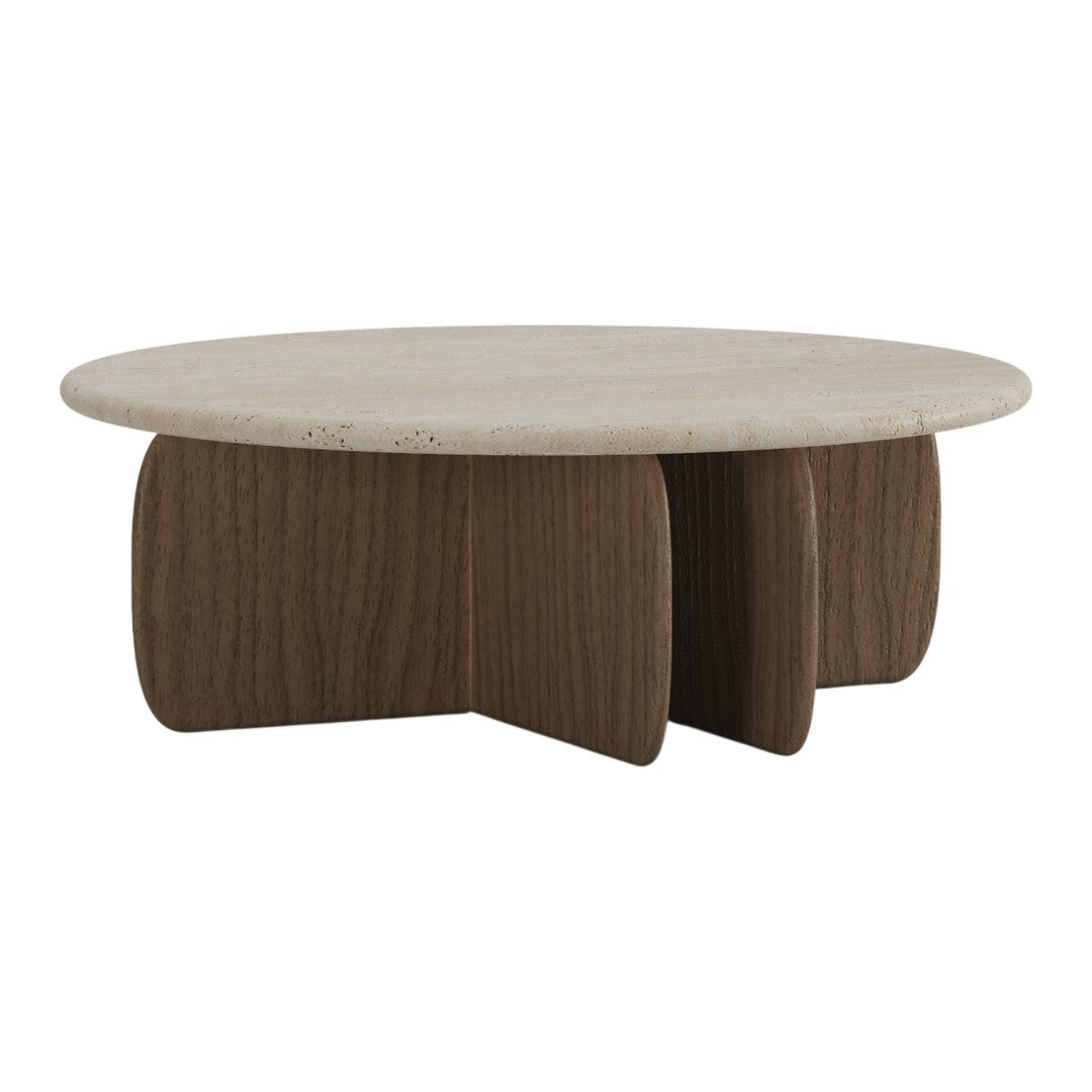 Round coffee table with a light stone top and rich brown wood base featuring a modern, minimalist design.