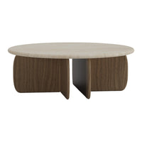 Round coffee table with a smooth beige top and natural wood grain base, featuring minimalist, modern design elements.