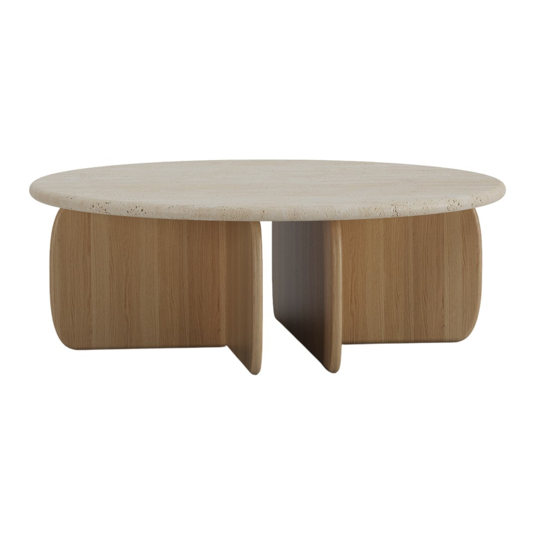 Round coffee table with a light beige stone top and natural wood base featuring soft, curved edges and smooth finish.