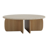 Round coffee table with a light beige stone top and natural wood base featuring soft, curved edges and smooth finish.