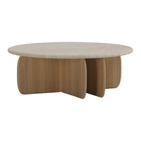 Round coffee table with a natural wood finish and smooth beige top. Modern design with curved shapes and minimalistic pattern.