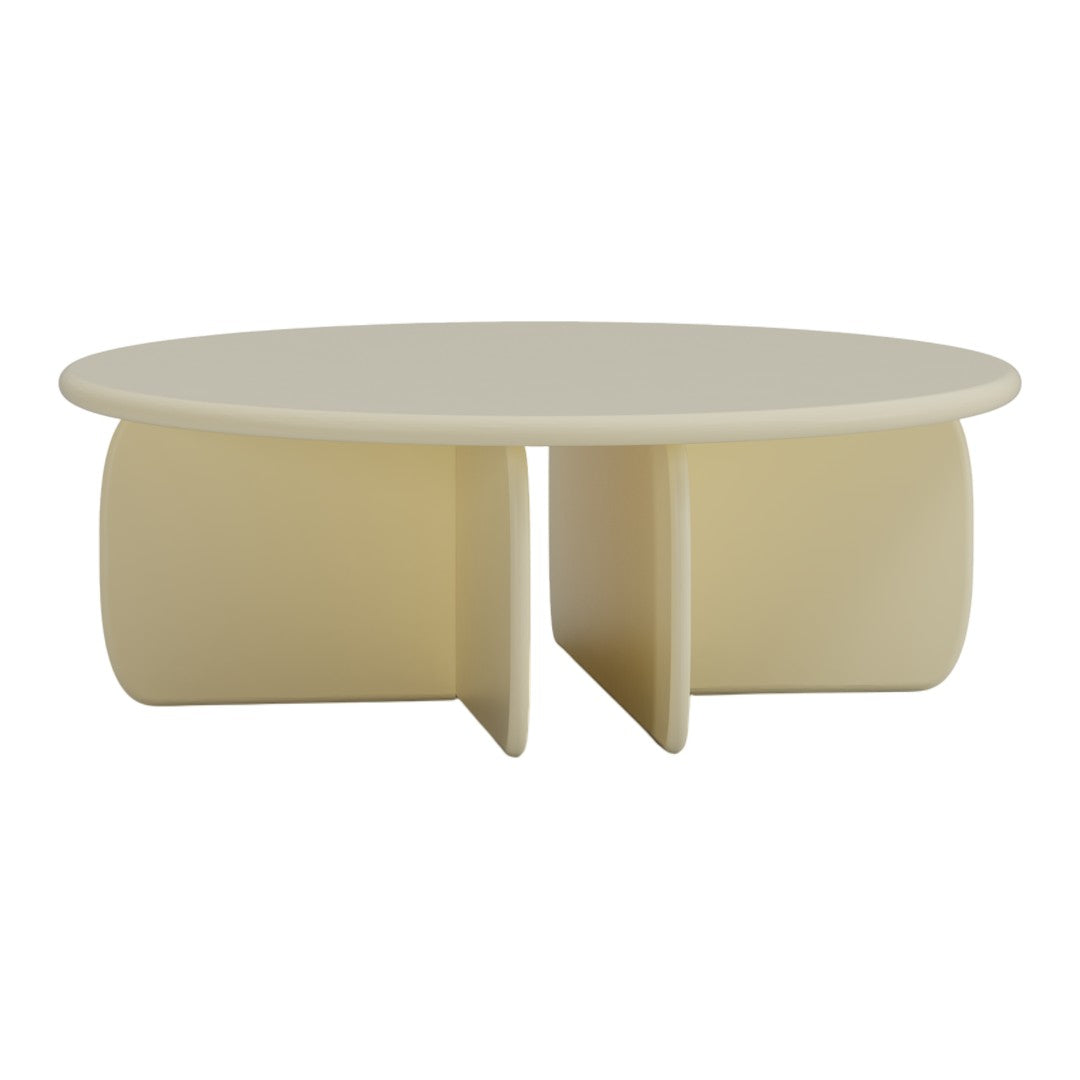 Round beige coffee table with a smooth matte finish and curved, minimalist design. Ideal for modern decor.
