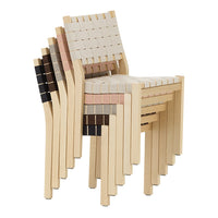 Stacked chairs featuring a mix of neutral tones with woven bands in beige, blush, and dark brown patterns.
