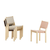 Stackable wooden chairs featuring neutral tones with woven patterns in beige, light pink, and brown. Perfect for any decor.