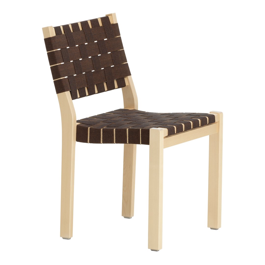 Brown woven seat with striped pattern, complemented by a light wood frame. Modern and stylish chair design.