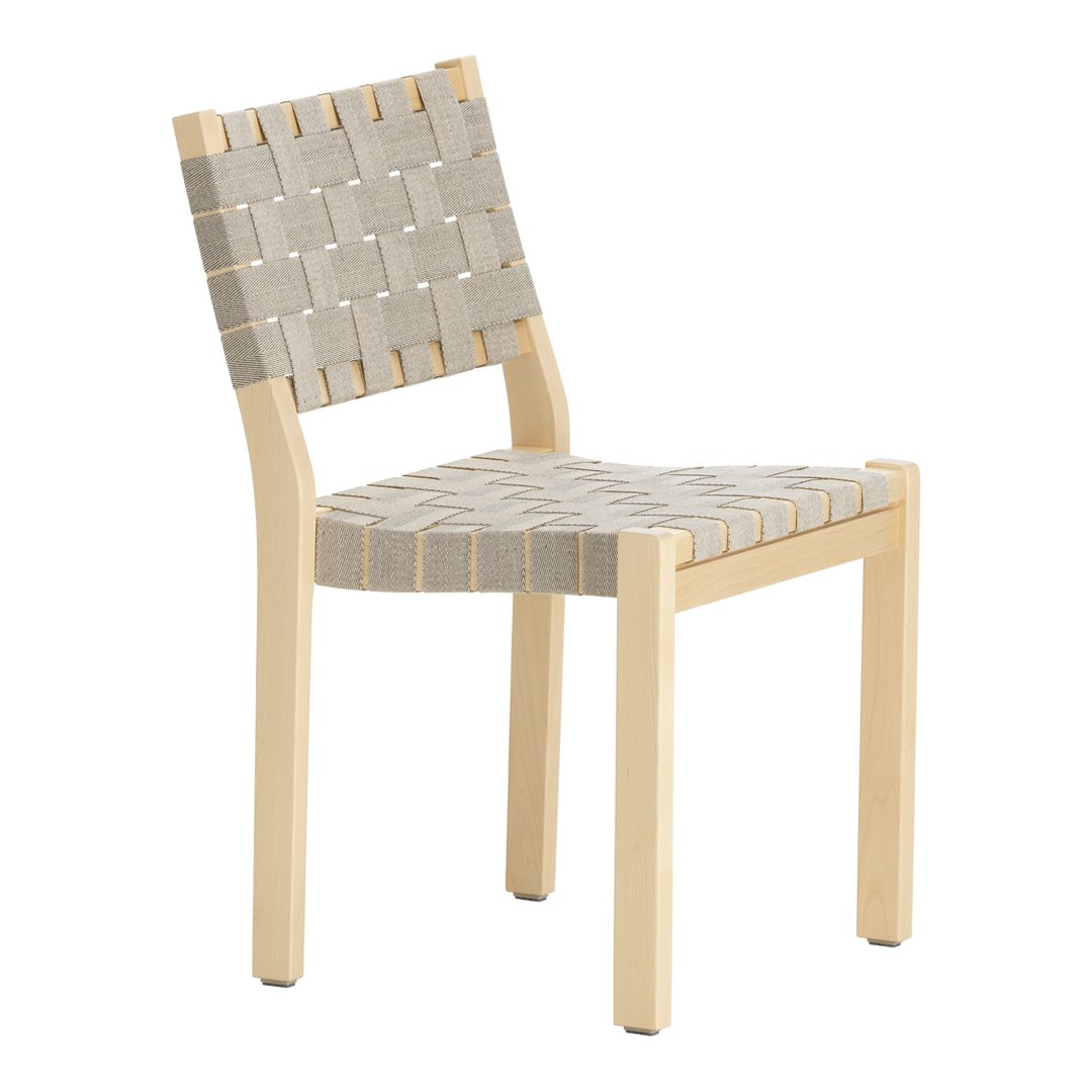 Light wood chair with a woven gray pattern on the seat and backrest, showcasing a modern design.