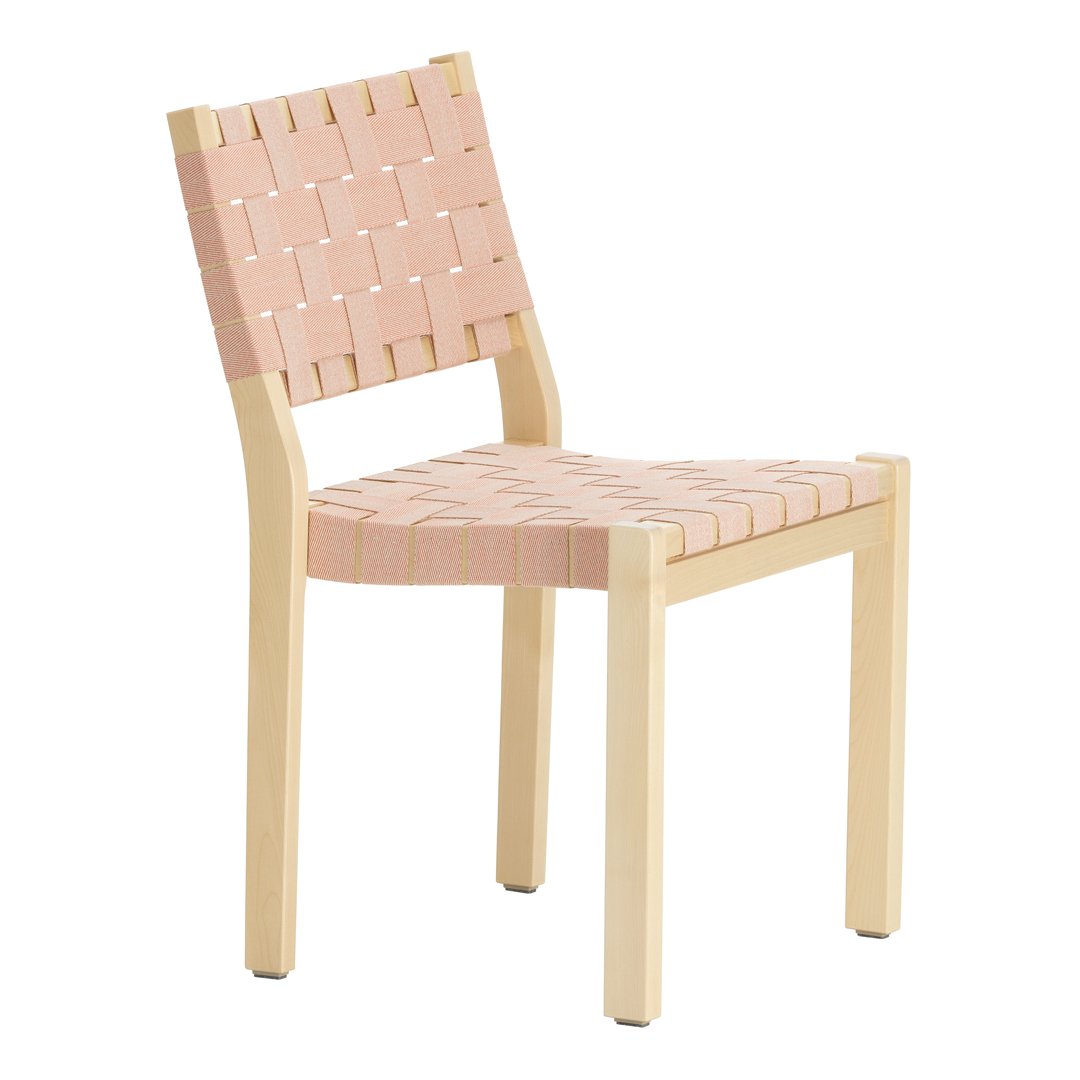 Pink woven seat and backrest with light wood frame, creating a modern and stylish design. Perfect for minimalist decor.