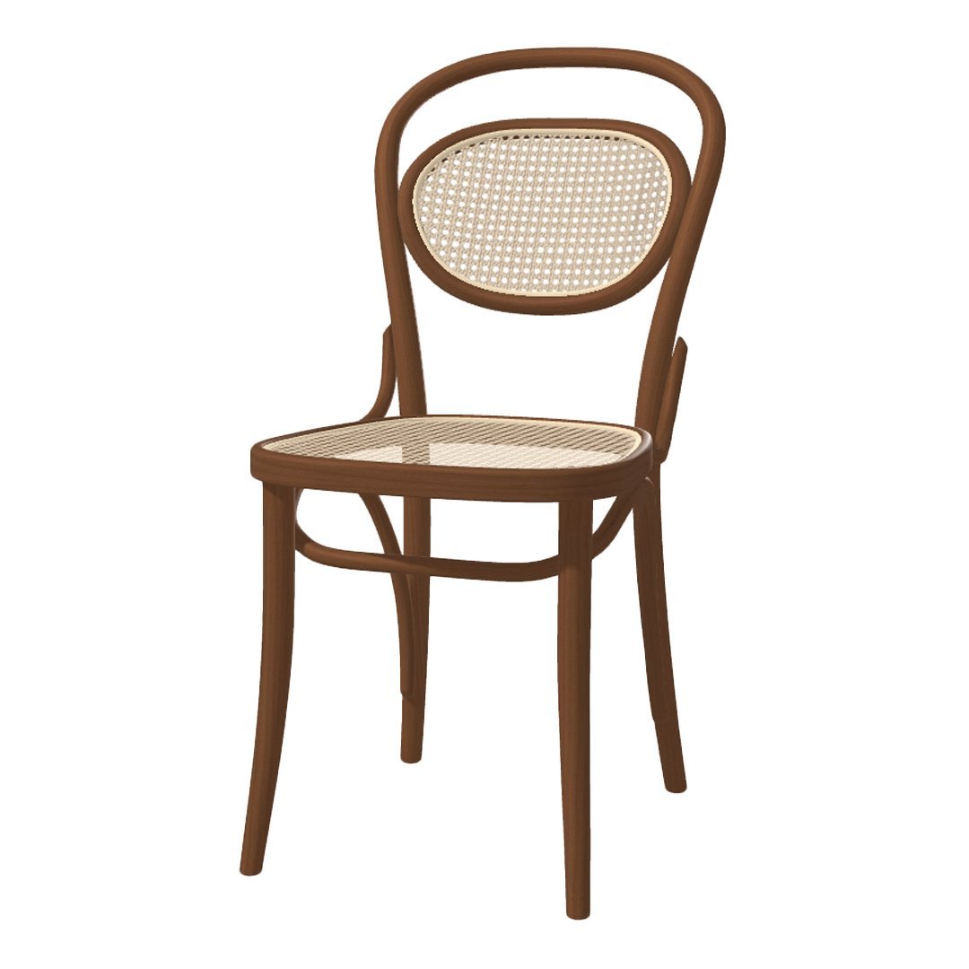 Brown wooden chair with a rattan seat and backrest, featuring a classic, minimalist design.
